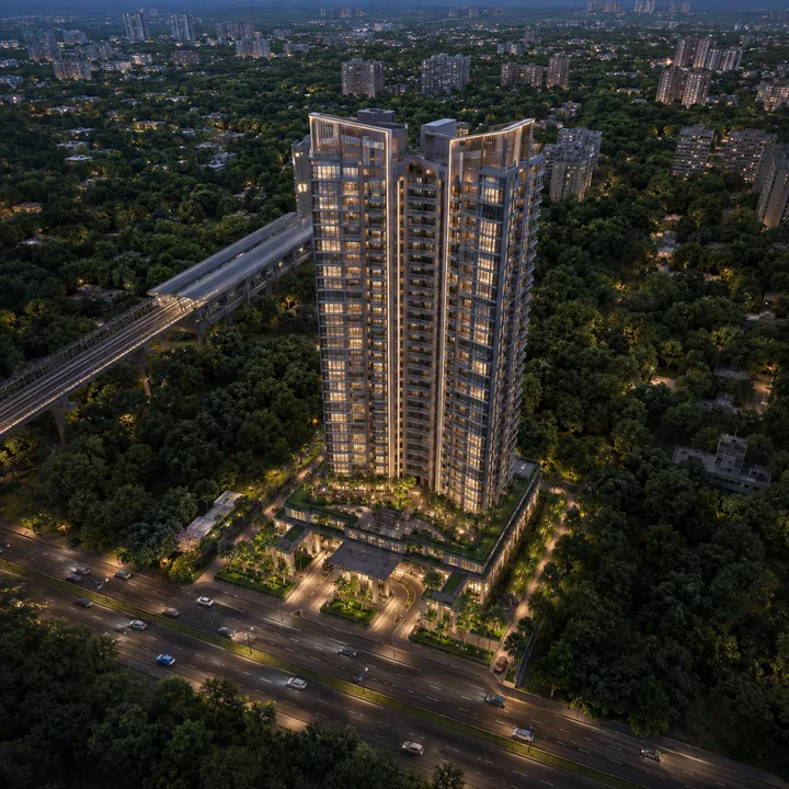 Aerial view of the Kalyani Kanakapura Road tower and landscaped podium in Konanakunte, Kanakapura Road, South Bengaluru
