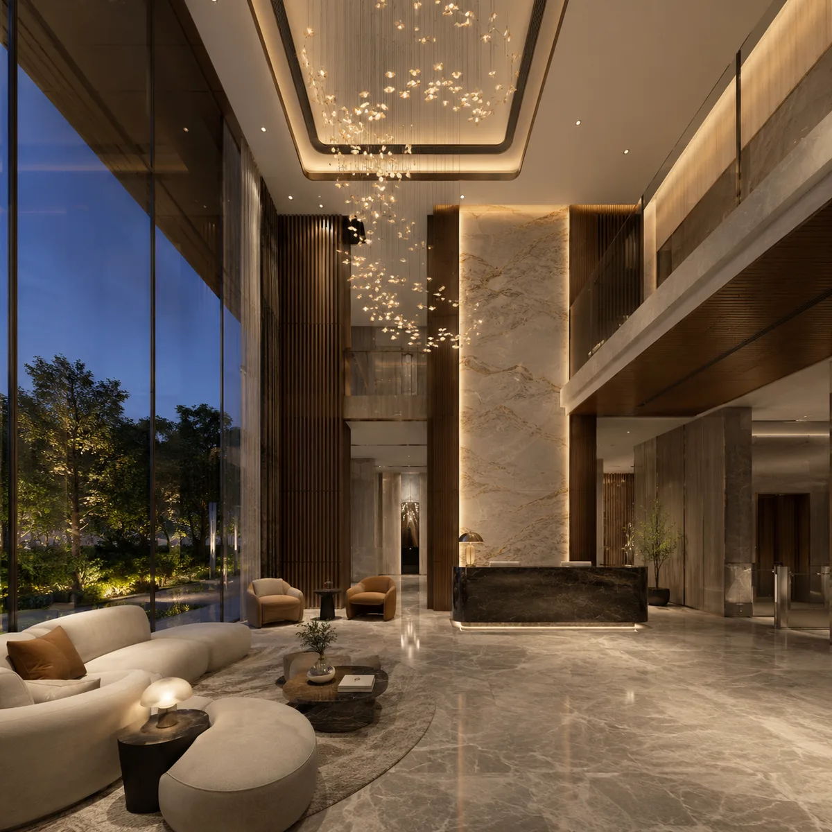 Double-height residents lobby with lounge seating at Kalyani Kanakapura Road, Konanakunte, South Bengaluru