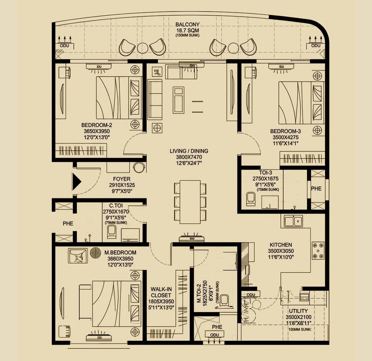 3 BHK Type 1 floor plan, 2,165 sq.ft super built-up area, Kalyani Kanakapura Road, Konanakunte 3 BHK Type 1 floor plan, 2,165 sq.ft super built-up area, Kalyani Kanakapura Road, Konanakunte