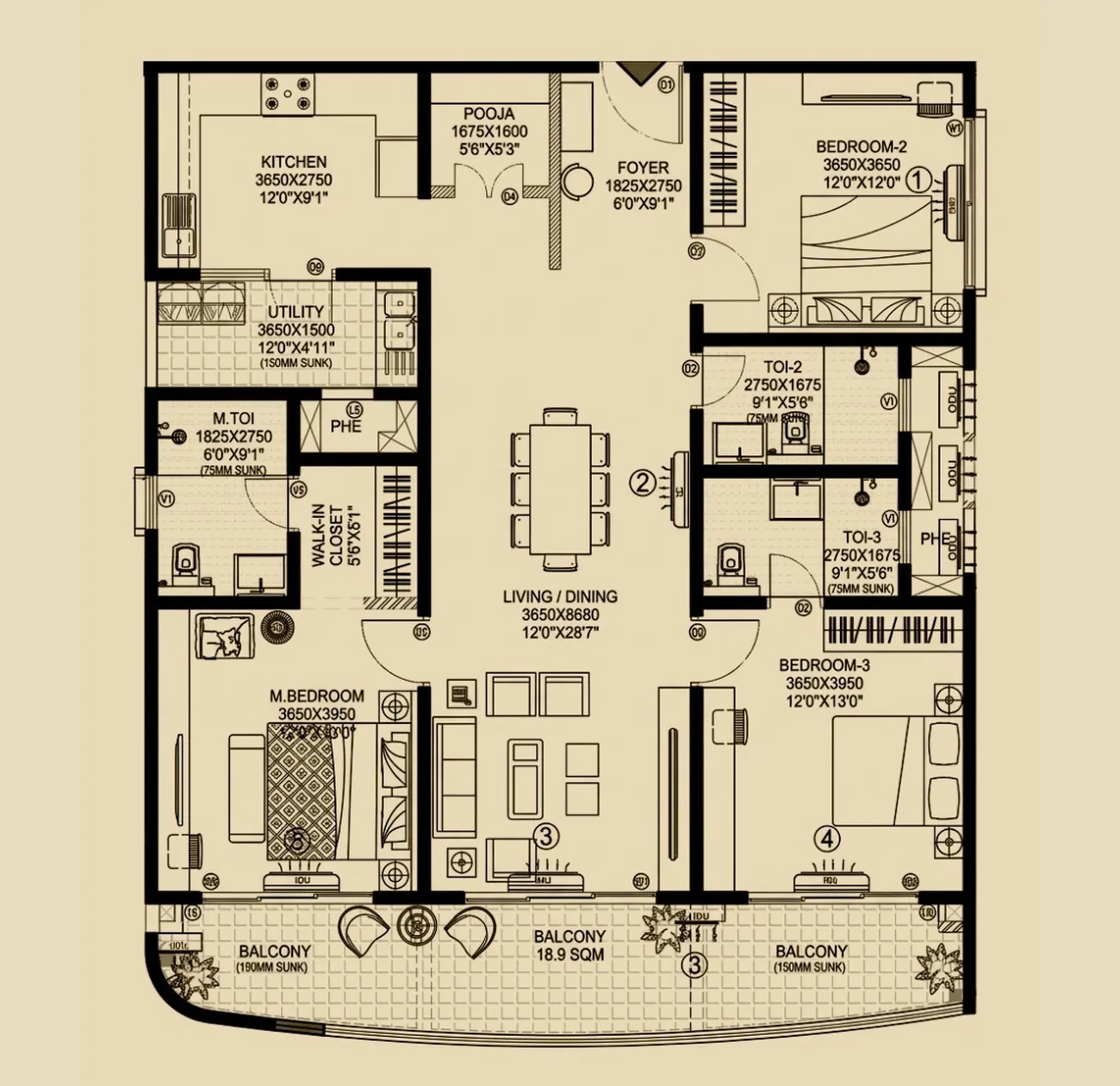 3 BHK Type 2 floor plan, 2,163 sq.ft super built-up area, Kalyani Kanakapura Road, Konanakunte 3 BHK Type 2 floor plan, 2,163 sq.ft super built-up area, Kalyani Kanakapura Road, Konanakunte