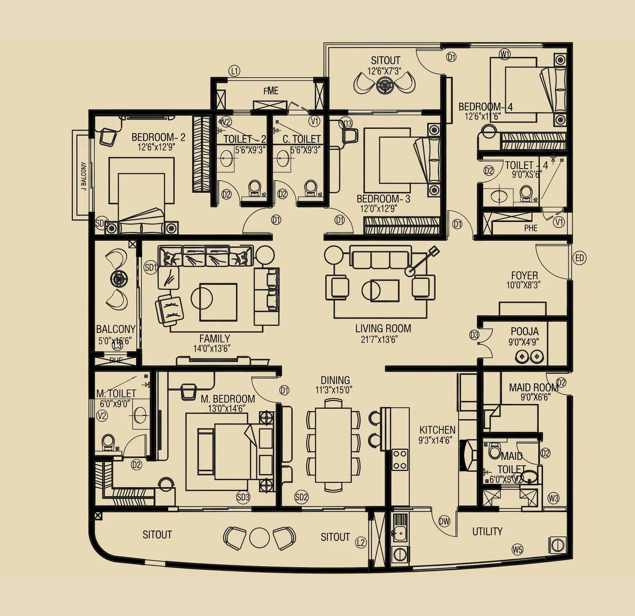 4 BHK Type 1 floor plan, 3,431 sq.ft super built-up area, Kalyani Kanakapura Road, Konanakunte 4 BHK Type 1 floor plan, 3,431 sq.ft super built-up area, Kalyani Kanakapura Road, Konanakunte